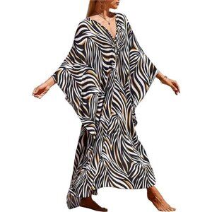 Women Animal Print Kaftan Dresses Plus Size Swimsuit Rayon Black-brown Zebra